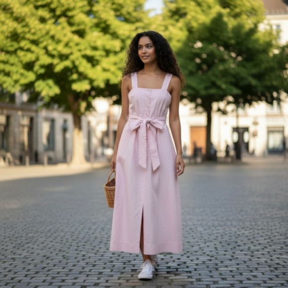 Vince Dresses & Skirts - Vince Dress Womens 0 Pink Linen Tie Waist Midi Button Front Belted‎ VS7251047